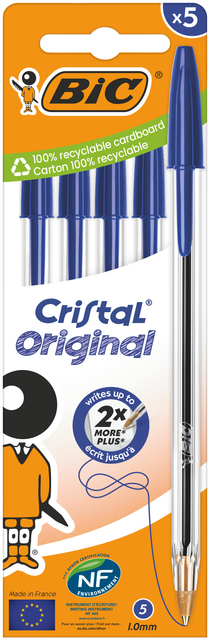 Balpen Bic Cristal medium blauw blister à 5 stuks