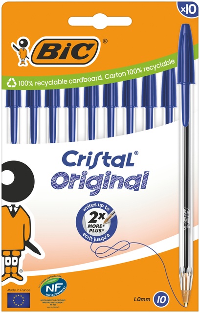 Balpen Bic Cristal medium blauw blister à 10 stuks