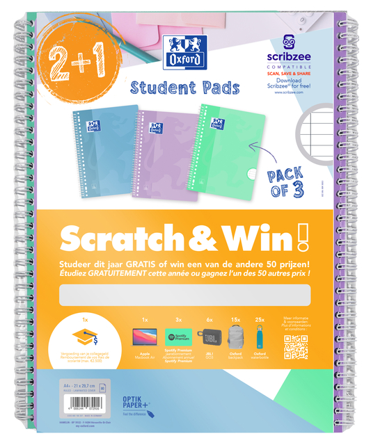 Collegeblok Oxford School A4+ lijn 23-gaats 160 pagina’s 80gr pastel scratch&win assorti voordeelpak