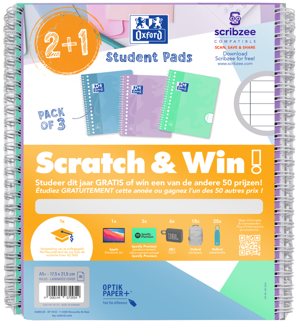 Collegeblok Oxford School A5+ lijn 17-gaats 160 pagina’s 80gr pastel scratch&win assorti 3 stuks