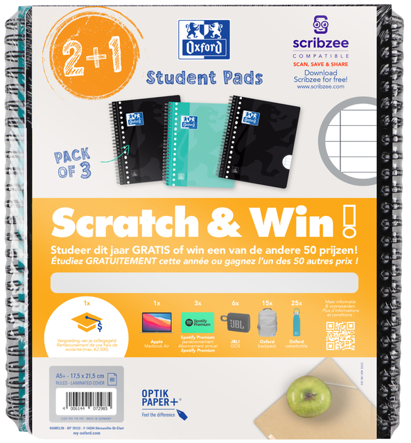 Collegeblok Oxford School A5+ lijn 17-gaats 160 pagina’s 80gr scratch&win assorti 3 stuks