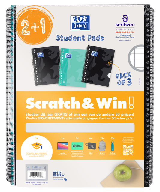 Collegeblok Oxford School A4+ lijn 23-gaats 160 pagina’s 80gr scratch&win assorti voordeelpak