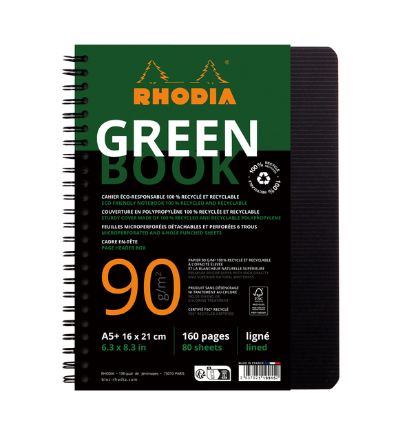 Notitieboek Rhodia Greenbook A5 lijn 6-gaats 180 pagina’s 90gr zwart