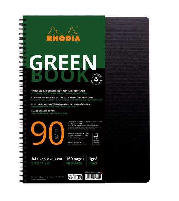 Notitieboek Rhodia Greenbook A4+ lijn 4-gaats 180 pagina’s 90gr zwart