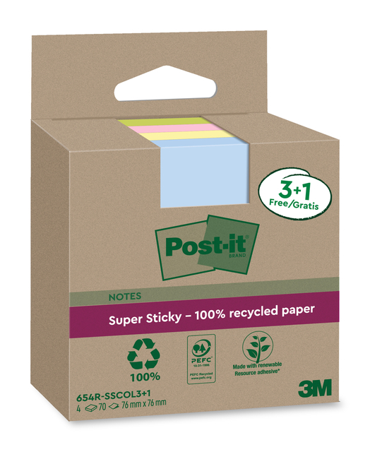 Memoblok 3M Post-it 654 RSSCOL 76x76mm assorti kleur 3+1 gratis