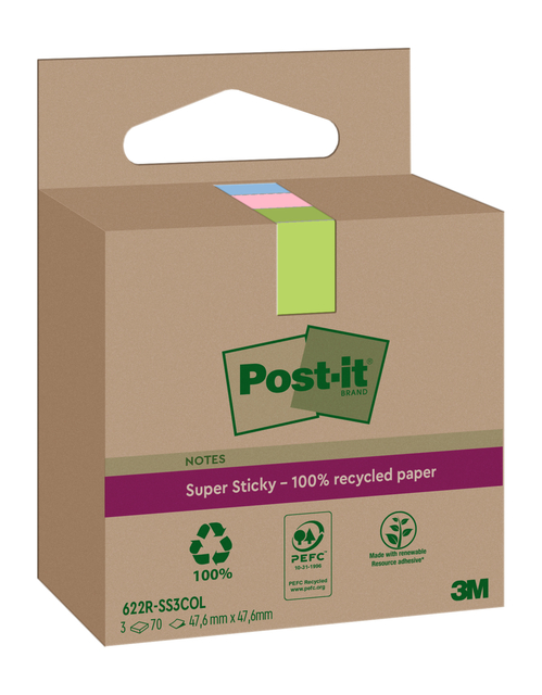 Memoblok 3M Post-it 622 RSS3COL 47.6×47.6mm assorti kleur 3 stuks