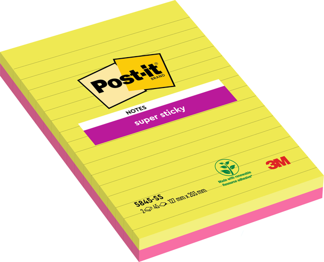 Memoblok 3M Post-it 5845 Super Sticky 127x203mm lijn assorti kleur