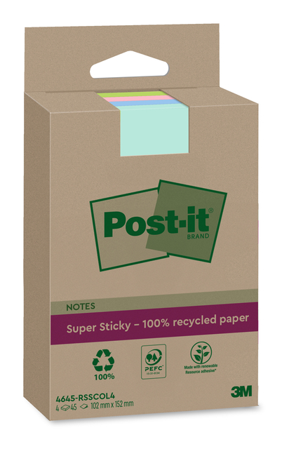 Memoblok 3M Post-it 4645-RSSCOL4 Super Sticky 102x152mm ass. Kleur