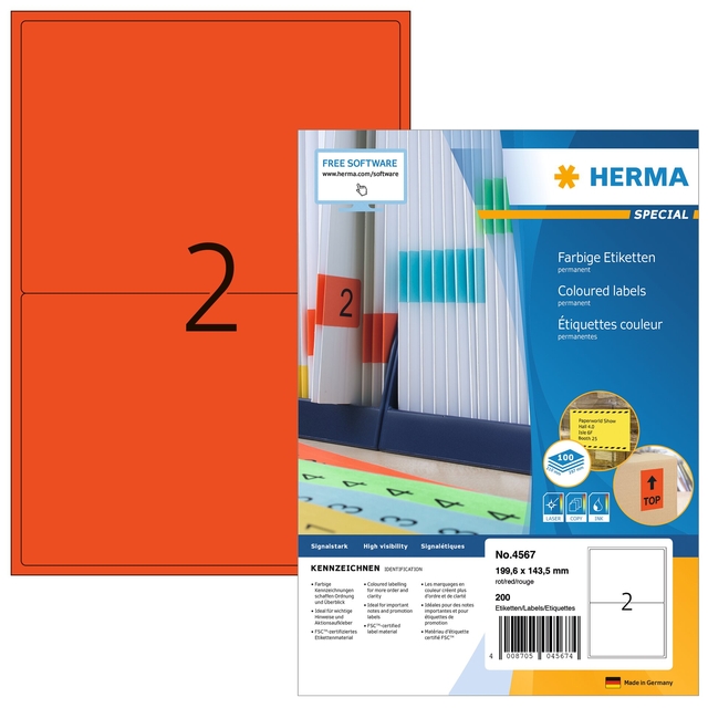 Etiket HERMA 4567 199.5×143.5mm rood 200 etiketten