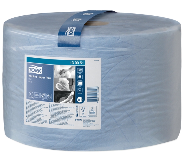 Poetspapier Tork Wiping Plus W1 2-laags 1500vel blauw 130051