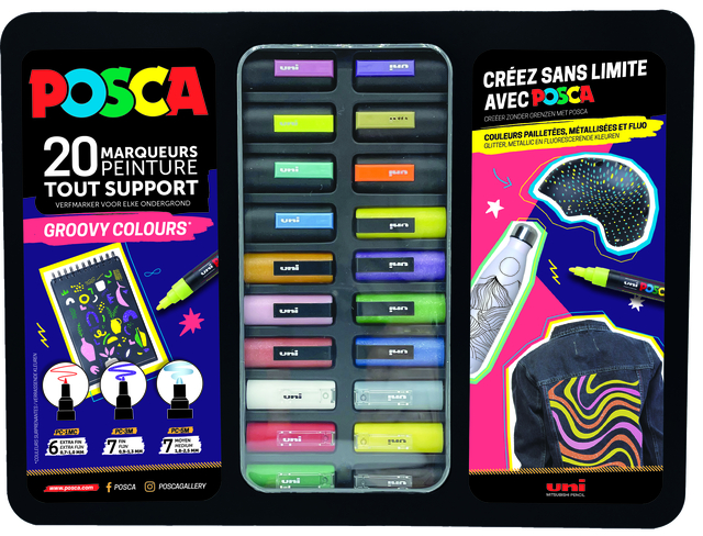 Verfstift Posca Groovy Colours assorti metalen koffer à 20 stuks