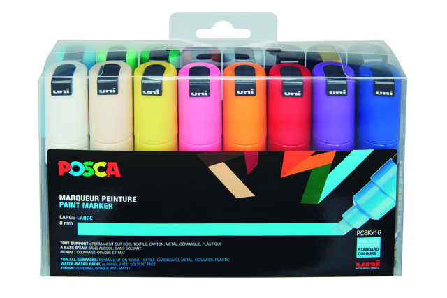 Verfstift Posca PC8K breed schuin assorti set à 16 stuks