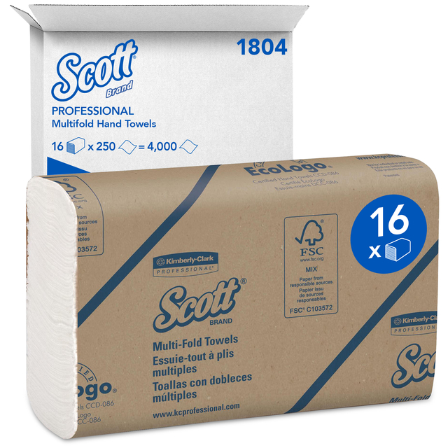 Handdoek Scott m-vouw 1-laags 23×23,5cm 16x250stuks wit 1804