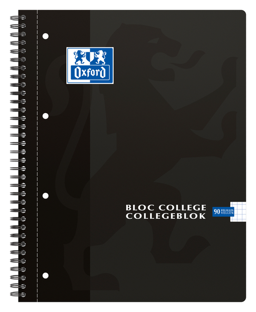 Collegeblok Oxford A4+ ruit 5x5mm 4-gaats 180 pagina’s 80gr zwart