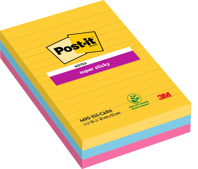 Memoblok Post-it 4690 Super Sticky 101x152mm lijn Carnival