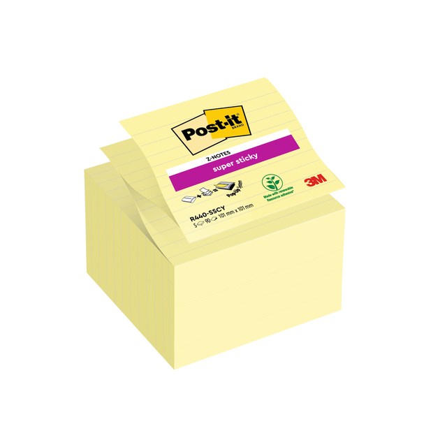 Memoblok Post-it Z-Notes S440 Super Sticky 100x100mm geel 5 stuks