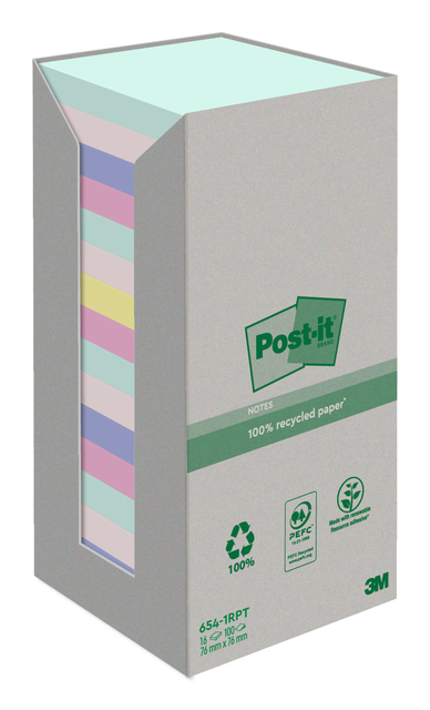 Memoblok Post-it 654-RTP 76x76mm recycled rainbow pastel