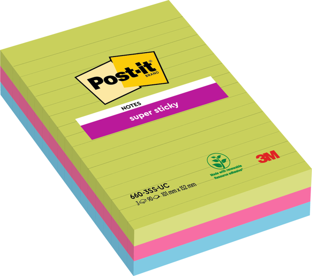 Memoblok Post-it 660 Super Sticky 102x152mm lijn rainbow