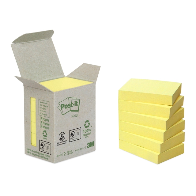 Memoblok Post-it 653-1B recycled 38x51mm canary yellow 6 stuks