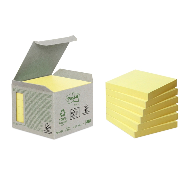 Memoblok Post-it 654-1B 76x76mm recycled geel