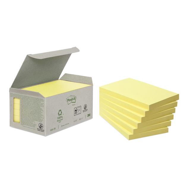 Memoblok Post-it 655-1B recycled 76x127mm canary yellow 6 stuks