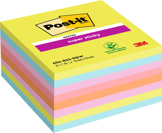 Memoblok Post-it 654 Super Sticky 76x76mm rainbow 8 stuks