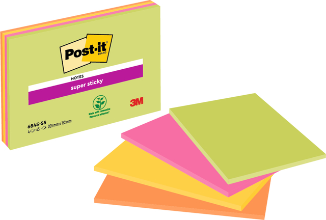 Memoblok Post-it 6845 Super Sticky 203x152mm assorti