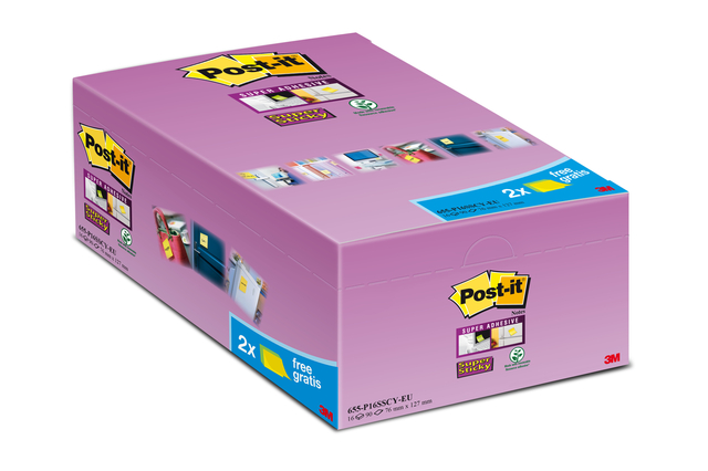 Memoblok Post-it 655 Super Sticky 76x127mm geel 14+2 gratis