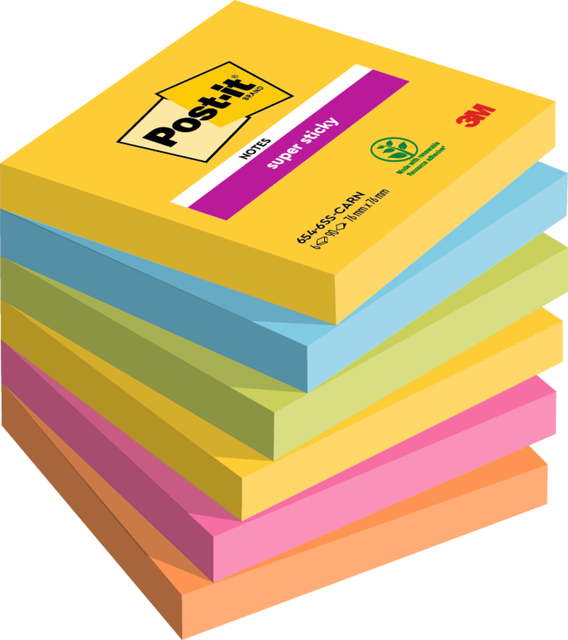 Memoblok Post-it 654 Super Sticky 76x76mm Carnival