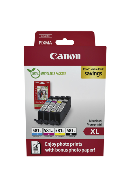 Inktcartridge Canon CLI-581XL 4 kleuren +50 vel fotopapier 10x15cm