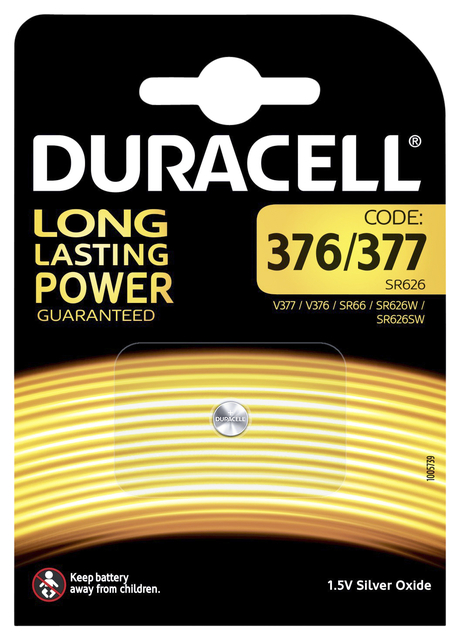 Batterij Duracell knoopcel 1×377 zilver oxide Ø6,8mm 1,5V-18mA