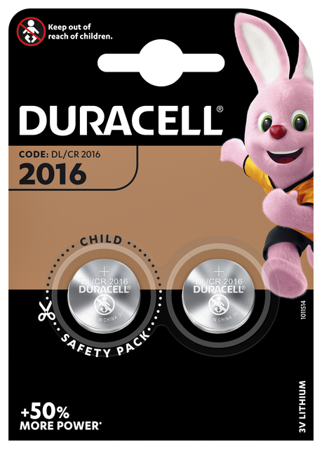 Batterij Duracell knoopcel 2xCR2016 lithium Ø20mm 3V-90mAh