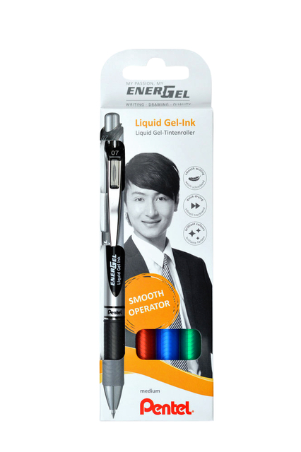 Gelschrijver Pentel BL77 Energel medium zwart-rood-blauw-groen blister à 4 stuks