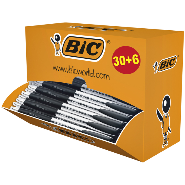 Balpen Bic Atlantis classic grip clic medium zwart valuepack 30+6 gratis