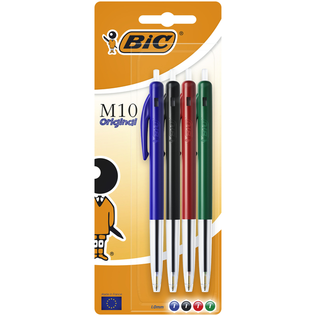 Balpen Bic M10 medium assorti blister à 4 stuks