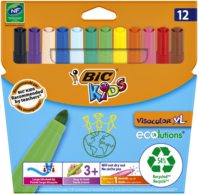 Kleurstift BicKids Visacolor XL Ecolutions assorti etui á 12 stuks