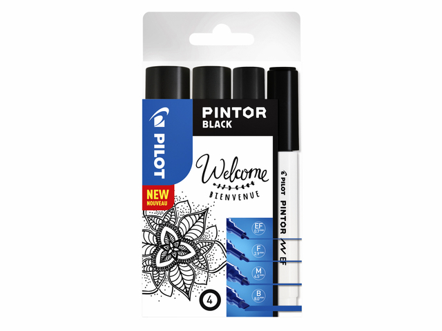 Verfstift Pilot Pintor assorti breedtes zwart etui à 4 stuks