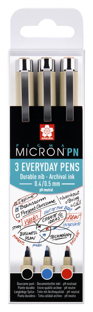 Fineliner Sakura pigma micron 0.4mm blister à 3 stuks assorti