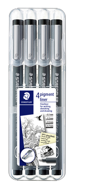 Fineliner Staedtler Pigment 308 zwart set 4 stuks