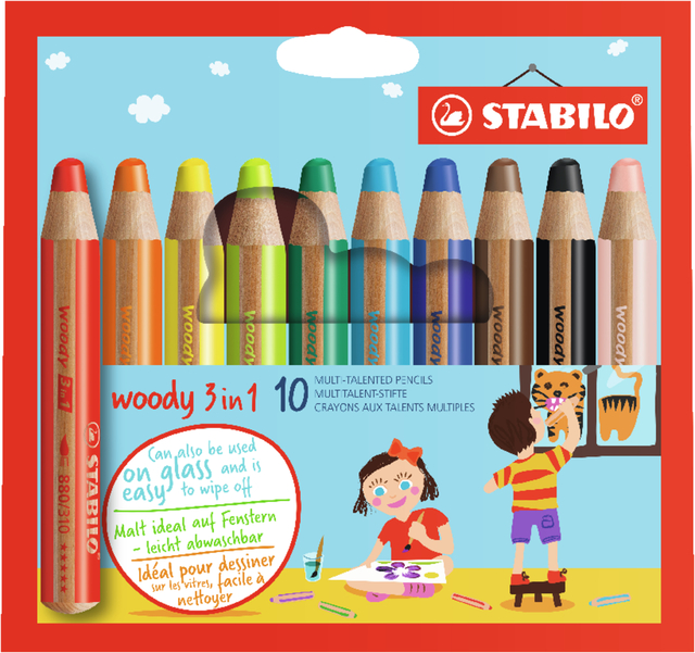 Kleurpotloden STABILO 880 woody 3 in 1 assorti etui à 10 stuks