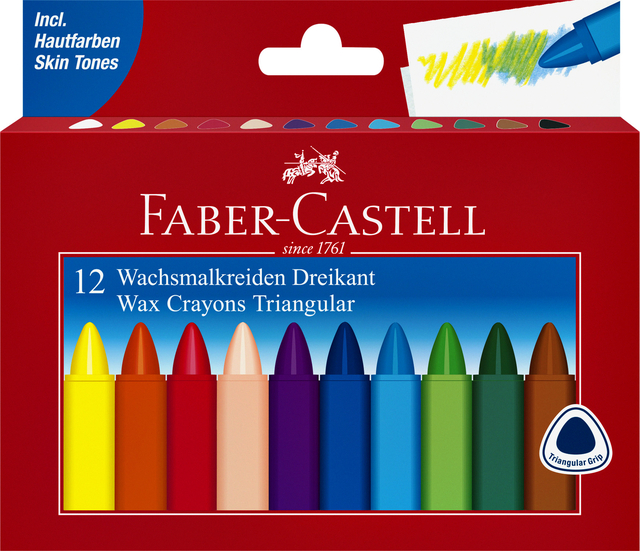 Waskrijt Faber-Castell driehoekig assorti set à 12 stuks