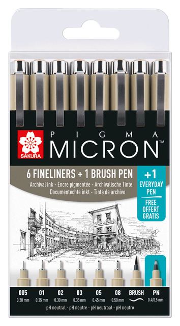 Fineliner & brush set Sakura Pigma Micron 7 + 1 Pigma Micron PN gratis