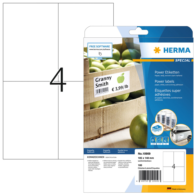 Etiket HERMA Power 10909 105x148mm wit 100stuks