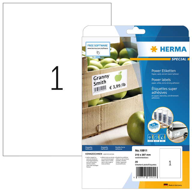 Etiket HERMA Power 10911 210x297mm wit 25stuks