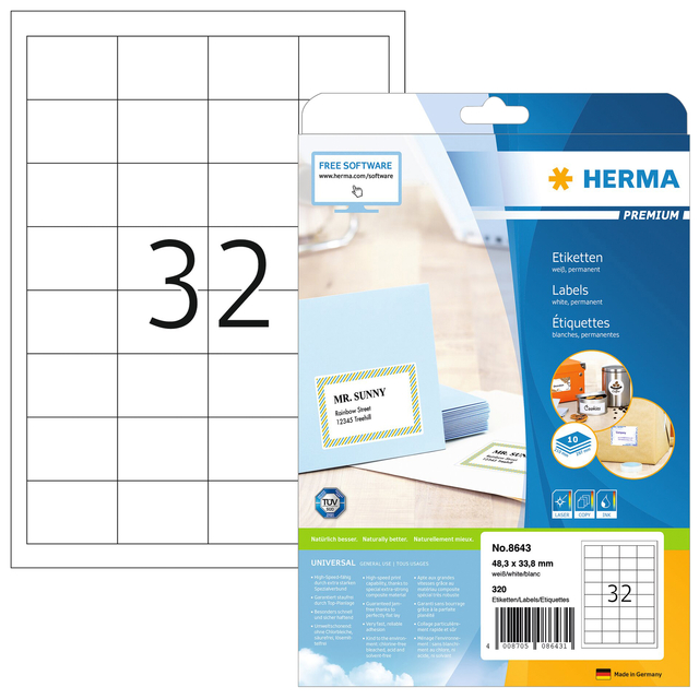 Etiket HERMA 8643 48.3×33.8mm premium wit 320stuks