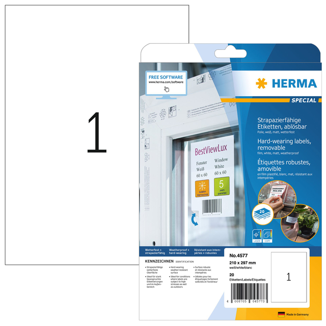 Etiket HERMA 4577 210x297mm folie wit 20stuks