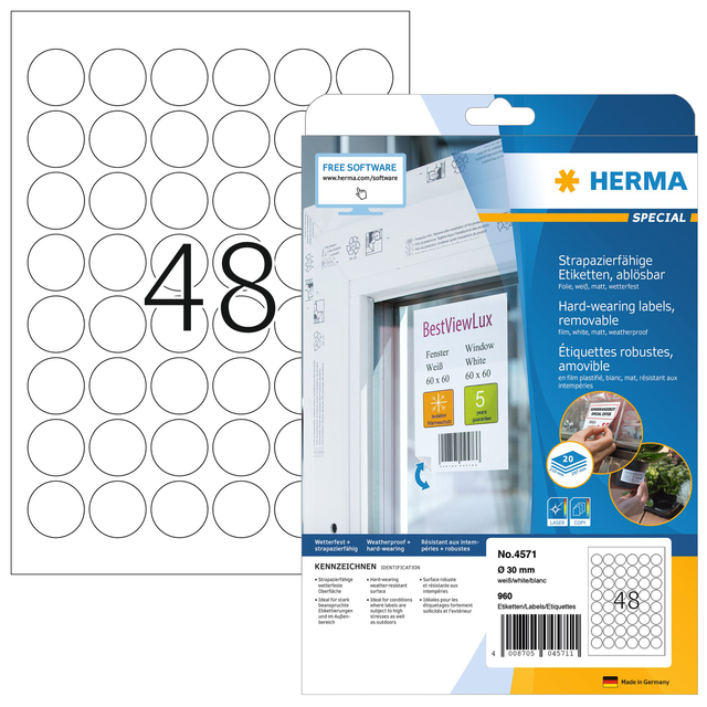 Etiket HERMA 4571 30mm rond folie wit 960stuks