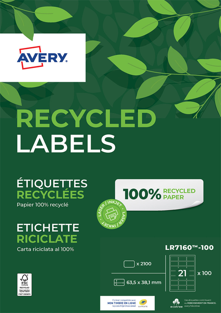 Etiket Avery LR7160-100 63.5×38.1mm recycled wit 2100stuks