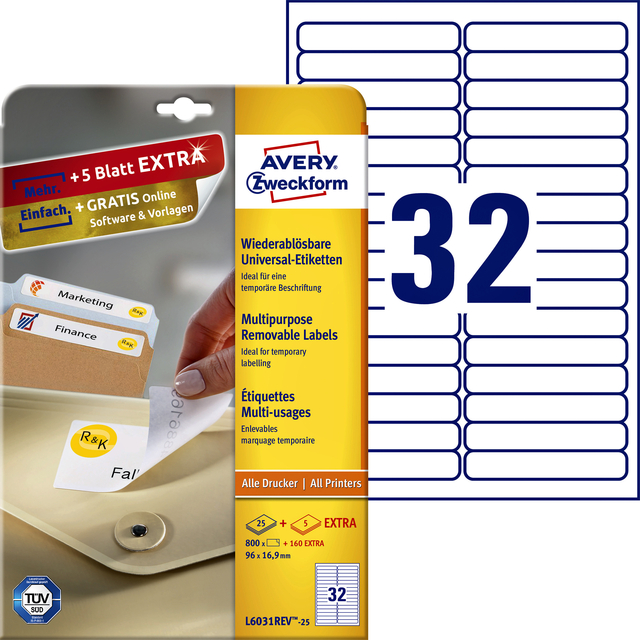 Etiket Avery Zweckform L6031REV-25 96×16.9mm afneembaar wit 800stuks