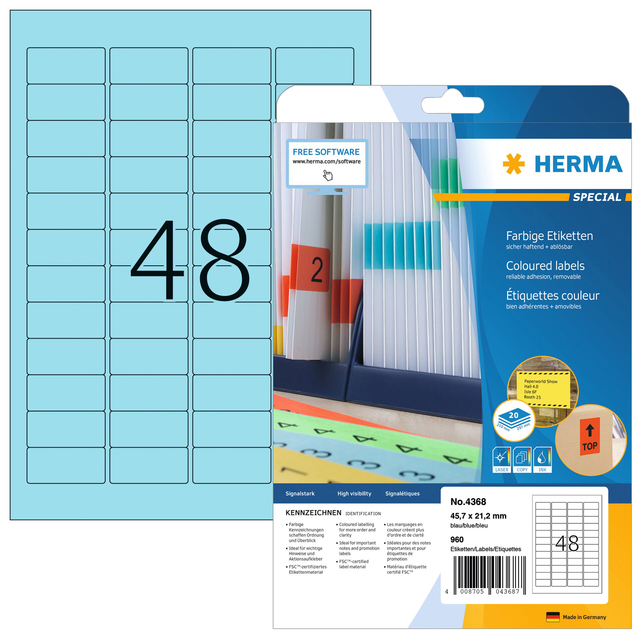 Etiket HERMA 4368 45.7×21.2mm verwijderbaar blauw 960stuks